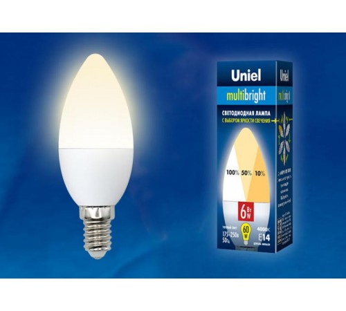 Лампа светодиодная LED-C37-6W/WW/E14/FR/MB PLM11WH LED. "свеча", матовая. Серия Multibright. 3000K 100-50-10 .  UL-00002373  Uniel