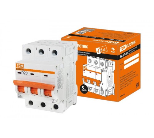 Выключатель автоматический трехполюсный ВА47-60 3Р 20А 6кА х-ка D  SQ0223-0174  TDM