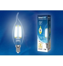 Лампа светодиодная LED-CW35-7,5W/NW/E14/CL GLA01TR LED. "свеча на ветру", прозр серия Air. 4000K  UL-00003296  Uniel