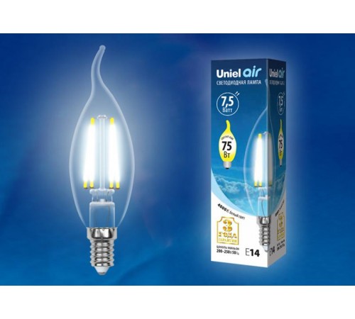 Лампа светодиодная LED-CW35-7,5W/NW/E14/CL GLA01TR LED. "свеча на ветру", прозр серия Air. 4000K  UL-00003296  Uniel