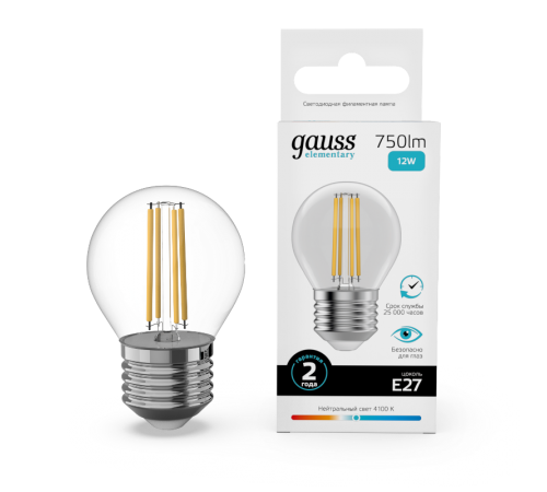 Лампа светодиодная   Filament Elementary Шар 12W 750lm 4100К Е27 LED 1/10/100  52222  Gauss