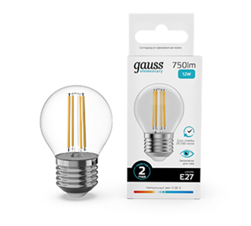 Лампа светодиодная   Filament Elementary Шар 12W 750lm 4100К Е27 LED 1/10/100  52222  Gauss