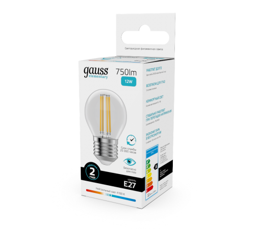 Лампа светодиодная   Filament Elementary Шар 12W 750lm 4100К Е27 LED 1/10/100  52222  Gauss
