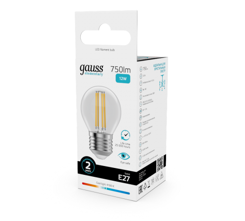 Лампа светодиодная   Filament Elementary Шар 12W 750lm 4100К Е27 LED 1/10/100  52222  Gauss