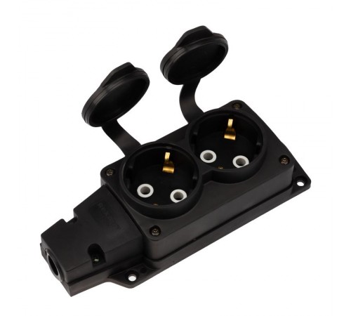 Розетка (колодка) влагозащищенная с крышкой 2 гнезда COMPACT, с/з, 16А, IP54, каучук, черная  111-222  REXANT