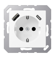 Розетка SCHUKO® с USB-зарядным устройством, тип A + тип С; термопласт; белый матовый  A1520-15CAWWM  Jung