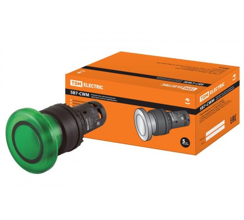 Кнопка грибовидная SB7-CWM31-220V(LED) d35мм 1з зеленая  SQ0746-0049  TDM