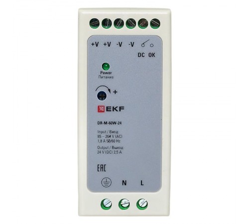 Блок питания на дин рейку 60Вт,Uвх ~ 220 В AC m, Uвых - 24 В DC постоянного тока  DR-M-60W-24  EKF