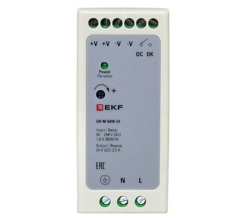Блок питания на дин рейку 60Вт,Uвх ~ 220 В AC m, Uвых - 24 В DC постоянного тока  DR-M-60W-24  EKF