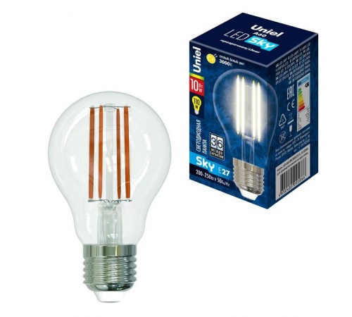 Лампа светодиодная LED-A60-10W/WW/E27/CL PLS02WH LED. "груша" прозр. Серия Sky. 3000К  UL-00002625  Uniel