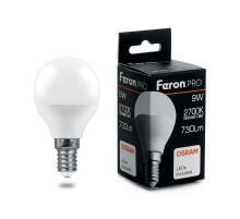Лампа светодиодная .PRO LB-1409 Шарик E14 9W 2700K OSRAM LED  38077  Feron