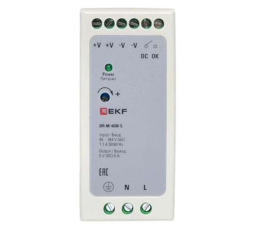 Блок питания на дин рейку 40Вт,Uвх ~ 240 В AC m, Uвых - 5 В DC постоянного тока DR-M-40W-5 EKF