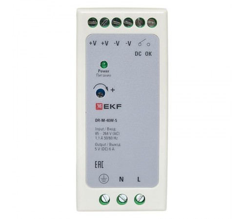 Блок питания на дин рейку 40Вт,Uвх ~ 240 В AC m, Uвых - 5 В DC постоянного тока DR-M-40W-5 EKF
