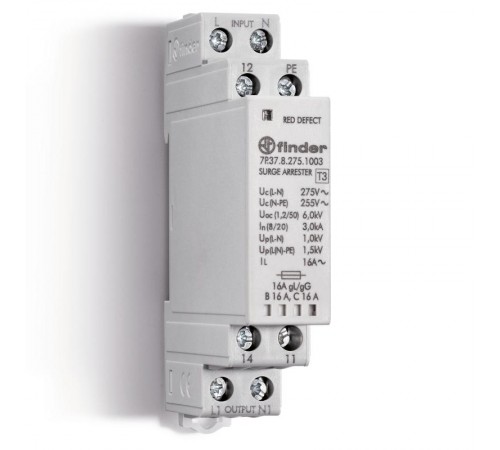 Устройство защиты от импульсных перенапряжений УЗИП тип 3 (1 варистор + 1 искровый разрядник); модульный, ширина 17.5мм; степень защиты IP20