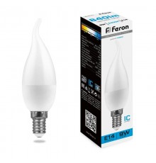 Лампа светодиодная, (9W) 230V E14 6400K свеча на ветру C37Т, LB-570  38136  FERON