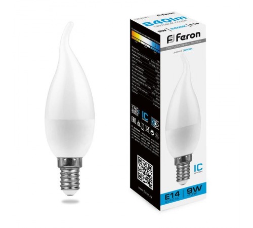 Лампа светодиодная, (9W) 230V E14 6400K свеча на ветру C37Т, LB-570  38136  FERON
