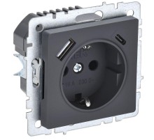 BRITE Розетка с заземлением со шторками 16А с USB A+C 18Вт РЮш11-1-БрГ графит  BR-R14-16-U22-018-K53  IEK