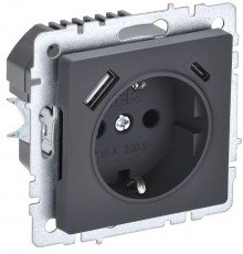 BRITE Розетка с заземлением со шторками 16А с USB A+C 18Вт РЮш11-1-БрГ графит  BR-R14-16-U22-018-K53  IEK