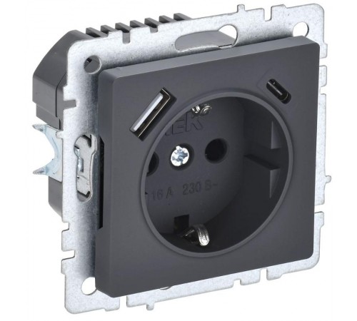 BRITE Розетка с заземлением со шторками 16А с USB A+C 18Вт РЮш11-1-БрГ графит  BR-R14-16-U22-018-K53  IEK