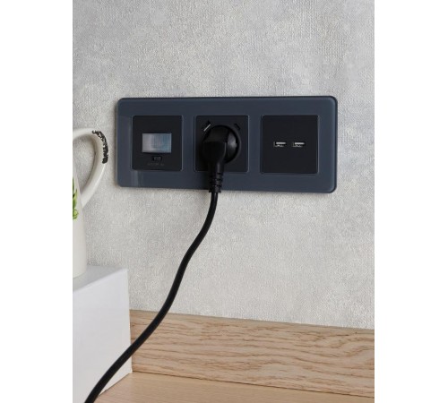 BRITE Розетка с заземлением со шторками 16А с USB A+C 18Вт РЮш11-1-БрГ графит  BR-R14-16-U22-018-K53  IEK