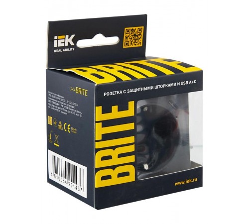 BRITE Розетка с заземлением со шторками 16А с USB A+C 18Вт РЮш11-1-БрГ графит  BR-R14-16-U22-018-K53  IEK