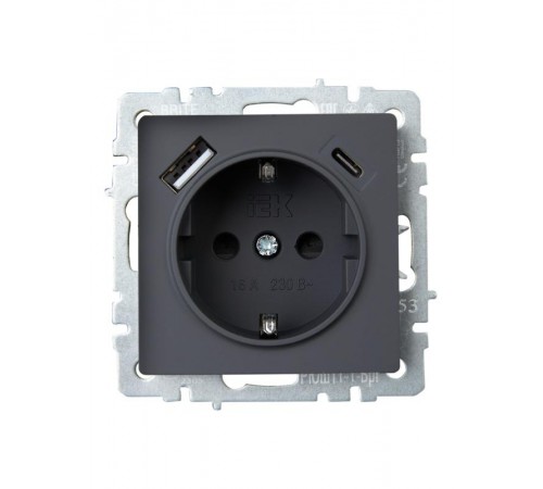 BRITE Розетка с заземлением со шторками 16А с USB A+C 18Вт РЮш11-1-БрГ графит  BR-R14-16-U22-018-K53  IEK