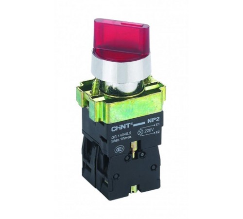 Переключателя NP2-BK13465, 3 положения с фиксацией 1НО+1НЗ, красная AC230В (LED) IP40  575500  CHINT