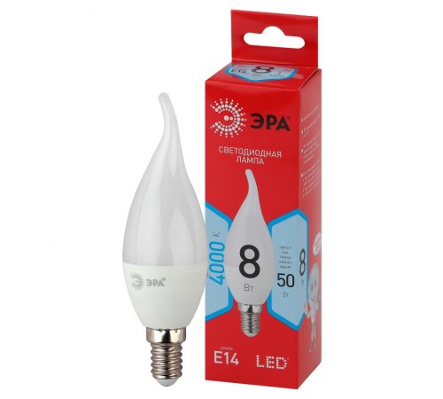 Лампа светодиодная LED BXS-8W-840-E14 R (диод, свеча на ветру, 8Вт, нейтр, E14)  Б0051848  ЭРА