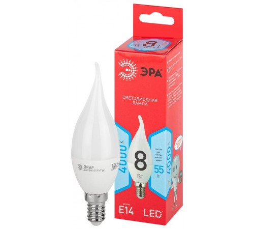 Лампа светодиодная LED BXS-8W-840-E14 R (диод, свеча на ветру, 8Вт, нейтр, E14)  Б0051848  ЭРА