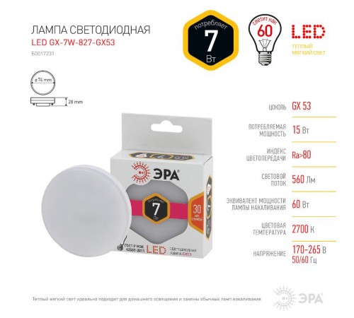 Лампа светодиодная LED 7Вт GX53 220В 2700К smd GX таблетка (плоский цилиндр)  Б0017231  ЭРА