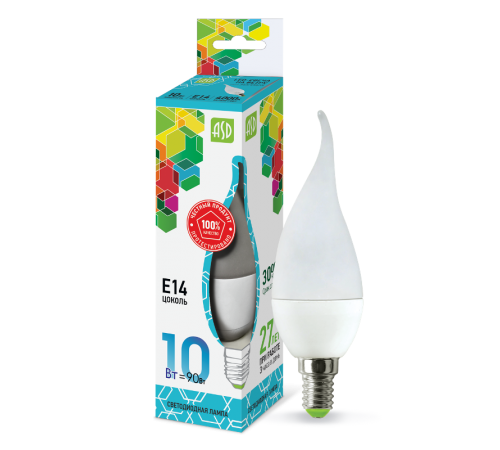 Лампа светодиодная LED-СВЕЧА НА ВЕТРУ-standard 10Вт 230В Е14 4000К 900Лм  4690612024592  ASD