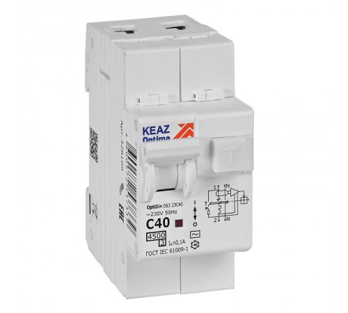 Выключатель автоматический дифференциального тока OptiDin D63-23C40-AC-У3 (2P, C40, 100mA, 4,5кА)  328109  КЭАЗ