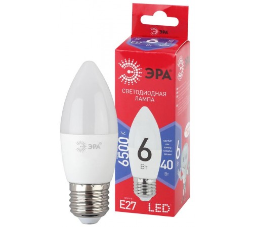 Лампа светодиодная ЭКО LED B35-6W-865-E27 R (диод, свеча, 6Вт, хол, E27)  Б0045340  ЭРА