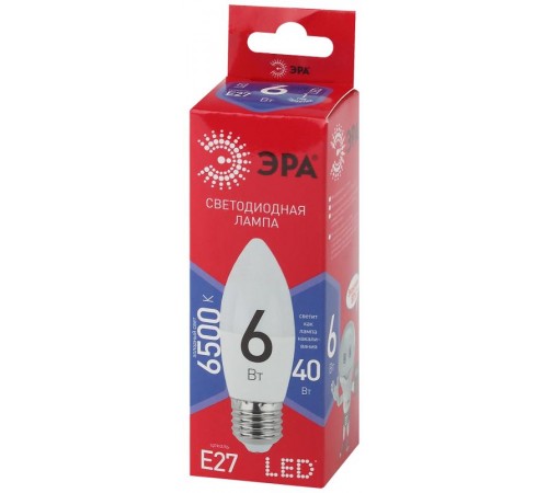 Лампа светодиодная ЭКО LED B35-6W-865-E27 R (диод, свеча, 6Вт, хол, E27)  Б0045340  ЭРА