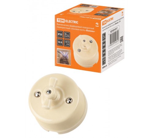 Выключатель фарфоровый поворотный перекрёстный с ручкой (бантик) 10А сл. кость "Болонь"  SQ1820-0317  TDM