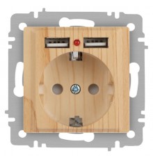 Розетка Intro Accent 6-410-11 , P+E Schuko со шторками, 16А-250В + 2хUSB, IP20, СУ, сосна  Б0063720  Intro