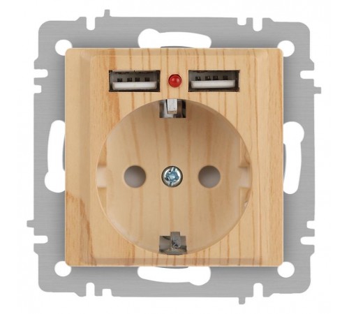 Розетка Intro Accent 6-410-11 , P+E Schuko со шторками, 16А-250В + 2хUSB, IP20, СУ, сосна  Б0063720  Intro