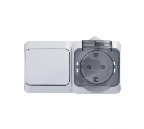 Этюд Белый О/У Блок: Розетка с заземлением со шторками + Выключатель 1-клавишный IP44  BPA16-241B  SE