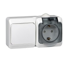 Этюд Белый О/У Блок: Розетка с заземлением со шторками + Выключатель 1-клавишный IP44  BPA16-241B  SE