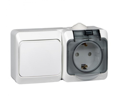 Этюд Белый О/У Блок: Розетка с заземлением со шторками + Выключатель 1-клавишный IP44  BPA16-241B  SE