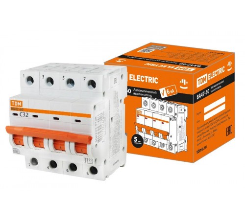 Выключатель автоматический четырехполюсный ВА47-60 4Р 32А 6кА х-ка С  SQ0223-0128  TDM