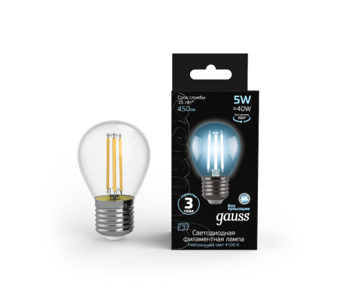 Лампа светодиодная LED 5Вт E27 220В 4100К шар  105802205  Gauss