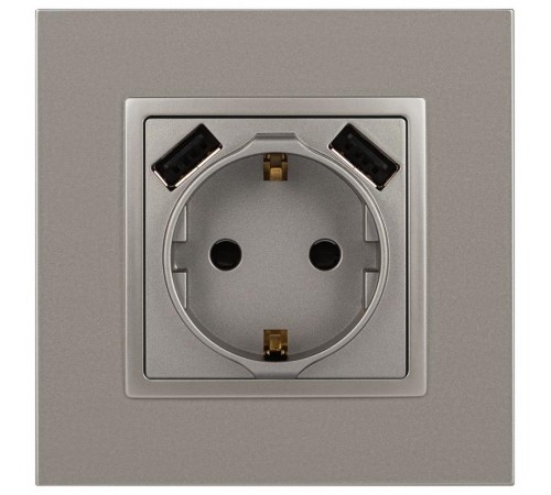 Розетка Elegance 14-4109-16 2P+E 16A-250В, штор. с 2xUSB 5В-3А, титан  Б0065775  ЭРА