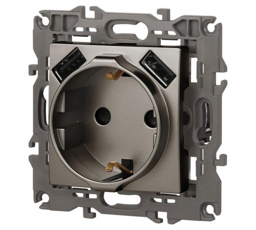 Розетка Elegance 14-4109-16 2P+E 16A-250В, штор. с 2xUSB 5В-3А, титан  Б0065775  ЭРА
