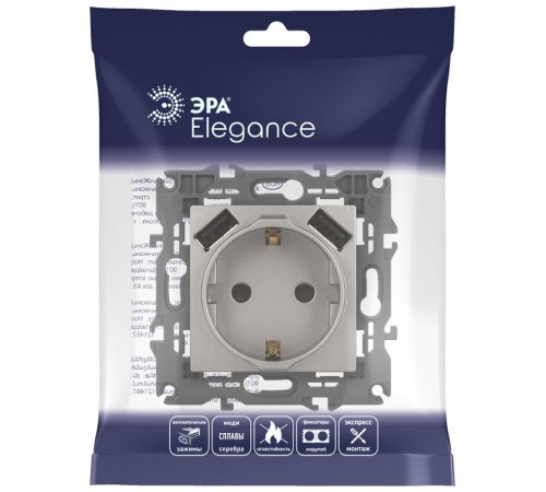 Розетка Elegance 14-4109-16 2P+E 16A-250В, штор. с 2xUSB 5В-3А, титан  Б0065775  ЭРА