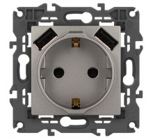 Розетка Elegance 14-4109-16 2P+E 16A-250В, штор. с 2xUSB 5В-3А, титан  Б0065775  ЭРА