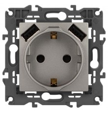 Розетка Elegance 14-4109-16 2P+E 16A-250В, штор. с 2xUSB 5В-3А, титан  Б0065775  ЭРА