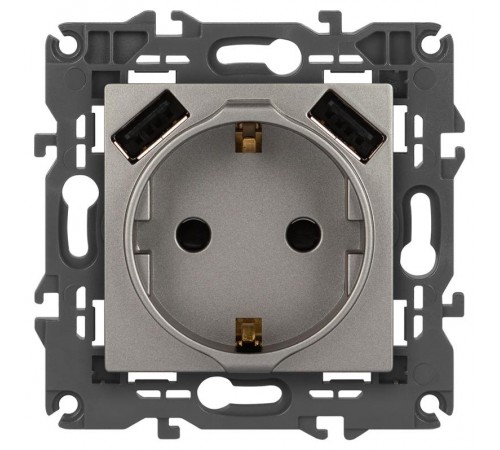 Розетка Elegance 14-4109-16 2P+E 16A-250В, штор. с 2xUSB 5В-3А, титан  Б0065775  ЭРА