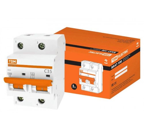 Выключатель автоматический двухполюсный ВА47-100 35А C 10кА  SQ0207-0061  TDM