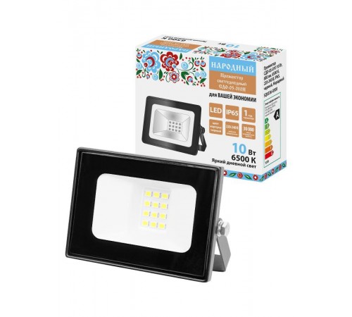 Прожектор СДО-05-010 10 Вт, 800 лм, 6500 К, 220-240 В, IP65, черный, Народный  SQ0336-0300  TDM